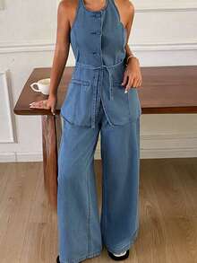 Livesso Vacation Holiday Outfit Summer Round Neck Sleeveless Button Denim Top Paired With Loose Wide Leg Long Pants Blue Women's Denim Set Brunch Casual - Blue - View 5