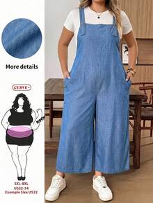 SHEIN CURVE+ 大尺碼女款純色寬腿寬鬆休閒連身褲 - 淺藍色 - 查看 2
