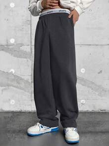 SHEIN 青少年男孩休閒 2 合 1 寬鬆運動長褲，深灰色彈性腰帶褲，復古風，適合秋季、春季、學校、日常穿著、運動、生日派對、外出，百搭簡約，情人節 - 深灰色 - 查看 8