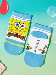 SpongeBob SquarePants | SHEIN 2雙加厚柔軟吸汗可愛卡通圖案兒童短襪 - 淺黃 - 查看 4