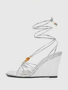 CUCCOO SZL Ladies Fashion Elegant Party, Thick Heel Wedge, Square Toe Kink, Lace-Up Beaded Sandals - Silver - View 5