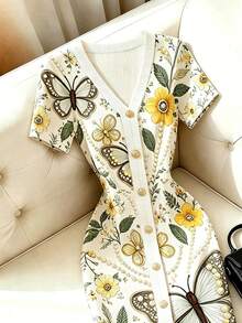 SHEIN Franclia Summer Elegant Floral & Butterfly Print Front Button Dress - Multicolor - View 3