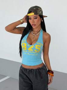 Fiercella Fiercella 女款春夏黃色V領數字學院風印花街頭休閒細肩帶背心，適合度假、音樂節、Y2K辣妹、2000年代風格 - 薄荷藍 - 查看 4