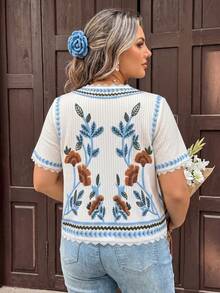 Vionelle Camiseta de manga corta con estampado elegante y casual francés para mujer de talla grande - Blanco - Ver 3