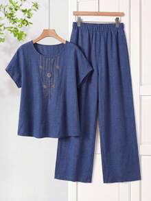 Rusticease Ensemble 2 pièces pour femmes style décontracté de vacances avec top ample à manches chauve-souris brodées et pantalon large, printemps/été/automne - Bleu azur - Voir 3
