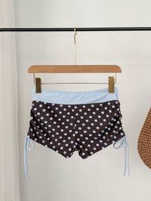 Elavelle Retro Coffee-Colored Polka Dot High-Waisted Swimwear For Women, Contrasting Light Blue, Wide Waistba - Multicolor - View 8