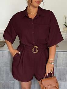 Firerie Plus Size Women's Solid Color Metal Decor Connected Casual Everyday Romper - Burgundy - View 5