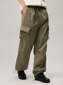 Vaulklash Men Flap Pocket Side Drawstring Waist Oversize Cargo Pants, For Fall - Army Green - View 4