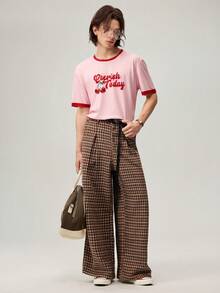 Men's Summer Cherry Letter Print Crew Neck Short Sleeve Casual T-Shirt - Pink - View 7