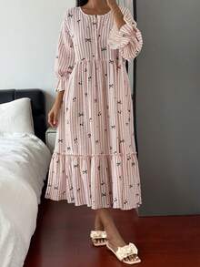 Livesso 女款蝴蝶結條紋印花鈕扣半開襟睡裙 - 白色 - 查看 8