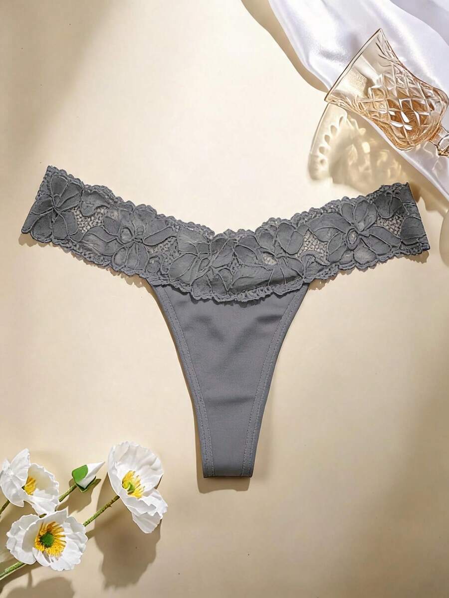SHEIN 女款對比蕾絲時尚無痕內褲 (1件) - 灰色 - 查看 1