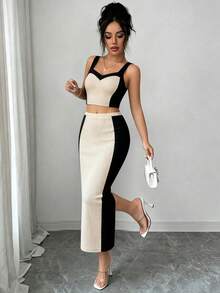 SHEIN Elenzya Women's Colorblock Top And Skirt Casual Everyday Set - Apricot - View 4