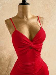 Soleia Women's Solid Color Twisted Knot Ruffle Hem Fashion Date Party Midi Spaghetti Strap Dress - Red - View 4