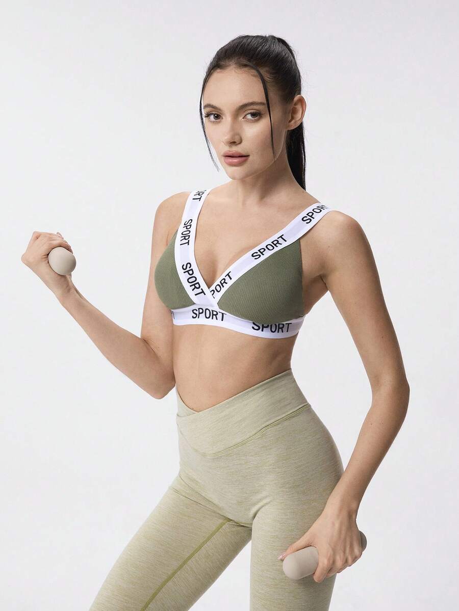 Loungeista 1pc Women Fashion Casual Letter Ribbed Soft Cup Bra, Comfortable Wireless With Pads, Medium Support Sports Bra Underwear - Green - View 1