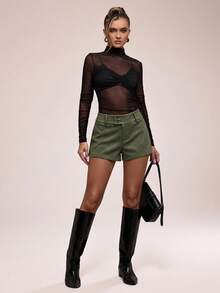 SHEIN BAE Women's Fitted Casual Commute Shorts, Suitable For Daily Outings, Office, And Formal Social Occasions - Army Green - View 4