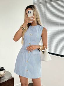 Easowa Round Neck Button Front Shell Trim Sleeveless Cinched Waist A-Line Dress Blue And White Striped Summer Women's Short Dress Teachers' Day Office - Blue and White - View 5
