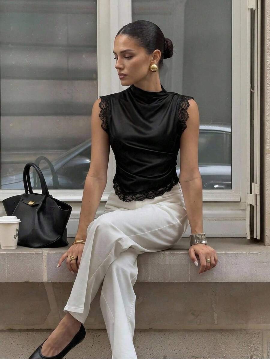 Firerie Black Sleeveless Satin Lace Patchwork Asymmetric Top For Ladies Bussines Casual Summer Teacher Going Out Holiday