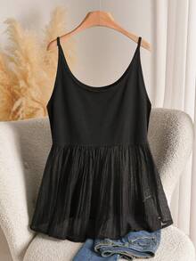 Lounesse Top de tirantes de malla con patchwork para vacaciones, talla grande - Negro - Ver 2