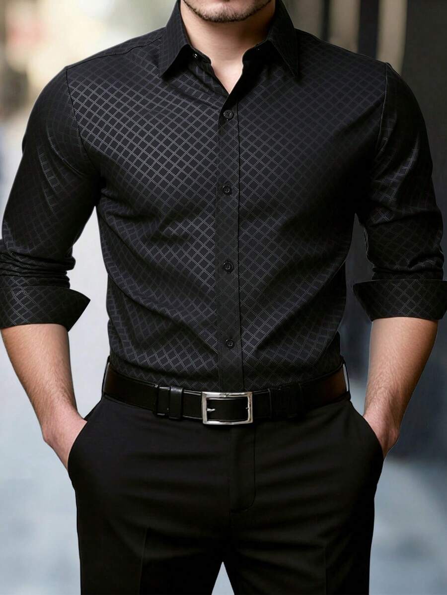 Manfinity Mode Camisa formal de manga larga con patrón de diamante para hombres, para ir al trabajo y ceremonias - Negro - Ver 1