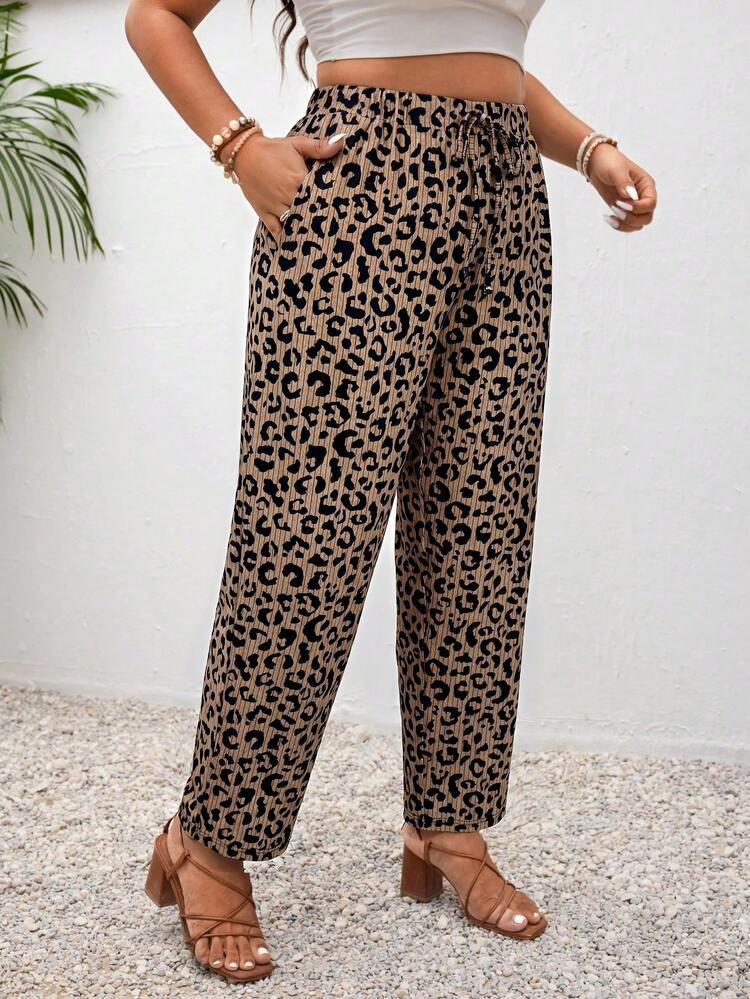 SHEIN Frenchy Plus Size Vacation Solid Color Knotted Casual Pants With Pockets - Multicolor - View 2