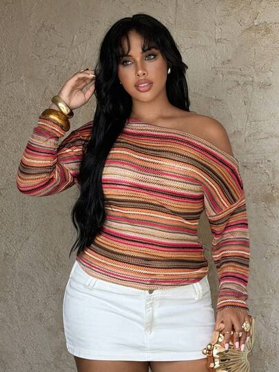 Rustia Women's One-Shoulder Long Sleeve Textured Knit Faux Fur Sweater Top, Sheer Colorful Striped Elegant Vintage Casual Beach Vacation T-Shirt, Plus Size, Spring Autumn All Season