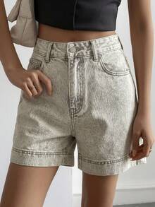 Livesso Summer Autumn June Festival High Waist Solid Light Gray Washed Cotton Casual Loose Fit Women's Denim Shorts - Light Grey - View 4