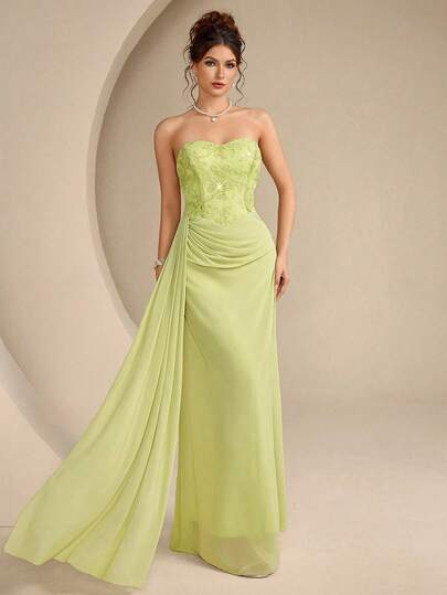 Modelyn Women's Solid Color Embroidered Floral Sequin Shiny Waist Pleated Bodycon High-End Elegant Evening Gown