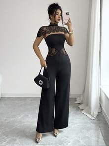 SHEIN Elenzya Women's Contrast Lace Stand Collar Elegant Wide Leg Jumpsuit - Black - View 4