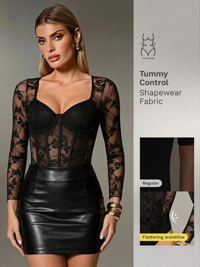 Nuvra Women's Sexy Contrast Lace Sweetheart Neck Bodysuit, Summer