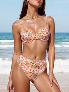 SHEIN Swim 女士夏季海滩花卉印花性感比基尼套装（带衬垫）带随机印花，两件套比基尼套装，可爱泳衣 - 彩色 - 查看 5