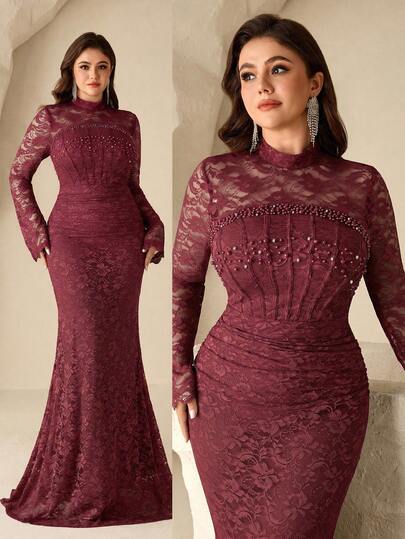 Coutiva Plus Size Women's High-End Evening Gown, Beaded Shiny Luxury Elegant Elegant Light Luxury Lace Dress