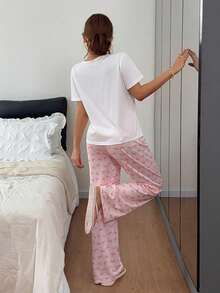 Dream Adore Pink Bow Print Short Sleeve & Long Pants Pajama Set, 2 Pieces - Multicolor - View 2