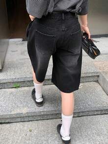 DAZY 女款休閒百搭牛仔短褲，附口袋與鈕扣，適合日常穿著 - 黑色 - 查看 5