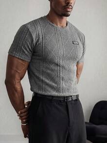 Manfinity VCAY 男士夏季字母拼接圓領短袖休閒紋理針織T恤，度假、父親節禮物、足球 - 深灰色 - 查看 3