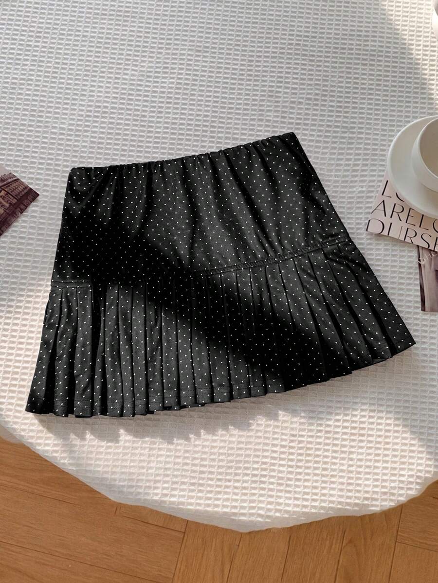 SHEIN 青少年女孩夏季休閒波點百褶裙 - 黑色 - 查看 1