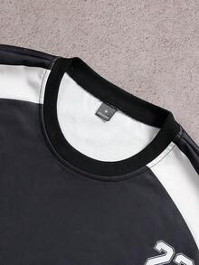 PAVTROS Sudadera de hombre con bloques de color, patchwork e impresión de letras - Negro - Ver 7