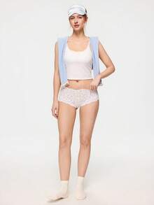 Bonmuse 1pc Lace Patchwork Camisole Top With Padded Bust, Fitted Sleeveless Cropped Ribbed Tank Top, Suitable For All Seasons - White - View 7