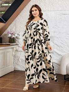 Lacomfia Casual All-Over Print Round Neck 3/4 Sleeve Loose Regular Fit Plus Size Dress For Spring And Summer - 彩色 - 查看 4