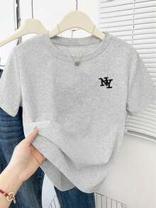 Resyla 女款黑色紐約 NY 字母刺繡寬鬆圓領短袖純棉 T 恤，休閒夏季上衣，淺灰色休閒短袖，優雅純棉舒適設計，休閒外出 T 恤 - 淺灰色 - 查看 3