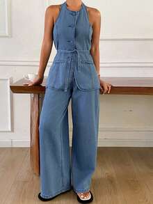 Livesso Vacation Holiday Outfit Summer Round Neck Sleeveless Button Denim Top Paired With Loose Wide Leg Long Pants Blue Women's Denim Set Brunch Casual - Blue - View 4