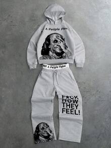 PAVTROS Conjunto de sudadera con capucha y pantalones de chándal con estampado de letras para hombre, atuendo casual diario - Gris - Ver 1