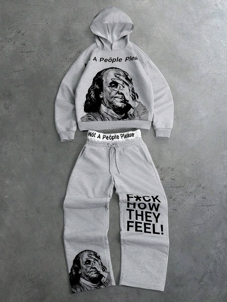 PAVTROS Conjunto de sudadera con capucha y pantalones de chándal con estampado de letras para hombre, atuendo casual diario - Gris - Ver 1
