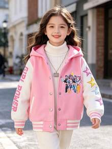 SHEIN 1件少女休閒可愛街頭風粉色長袖連帽外套，女孩團體/星星印花，保暖內裡，適合四季穿著，適用日常/外出/返校/各種場合 - 彩色 - 查看 1