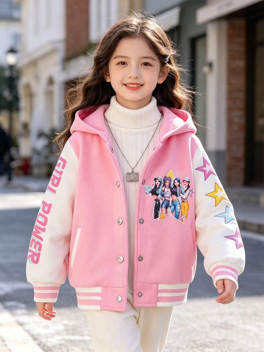 SHEIN 1件少女休閒可愛街頭風粉色長袖連帽外套,女孩團體/星星印花,保暖內裡,適合四季穿著,適用日常/外出/返校/各種場合 - 彩色 - 查看 1
