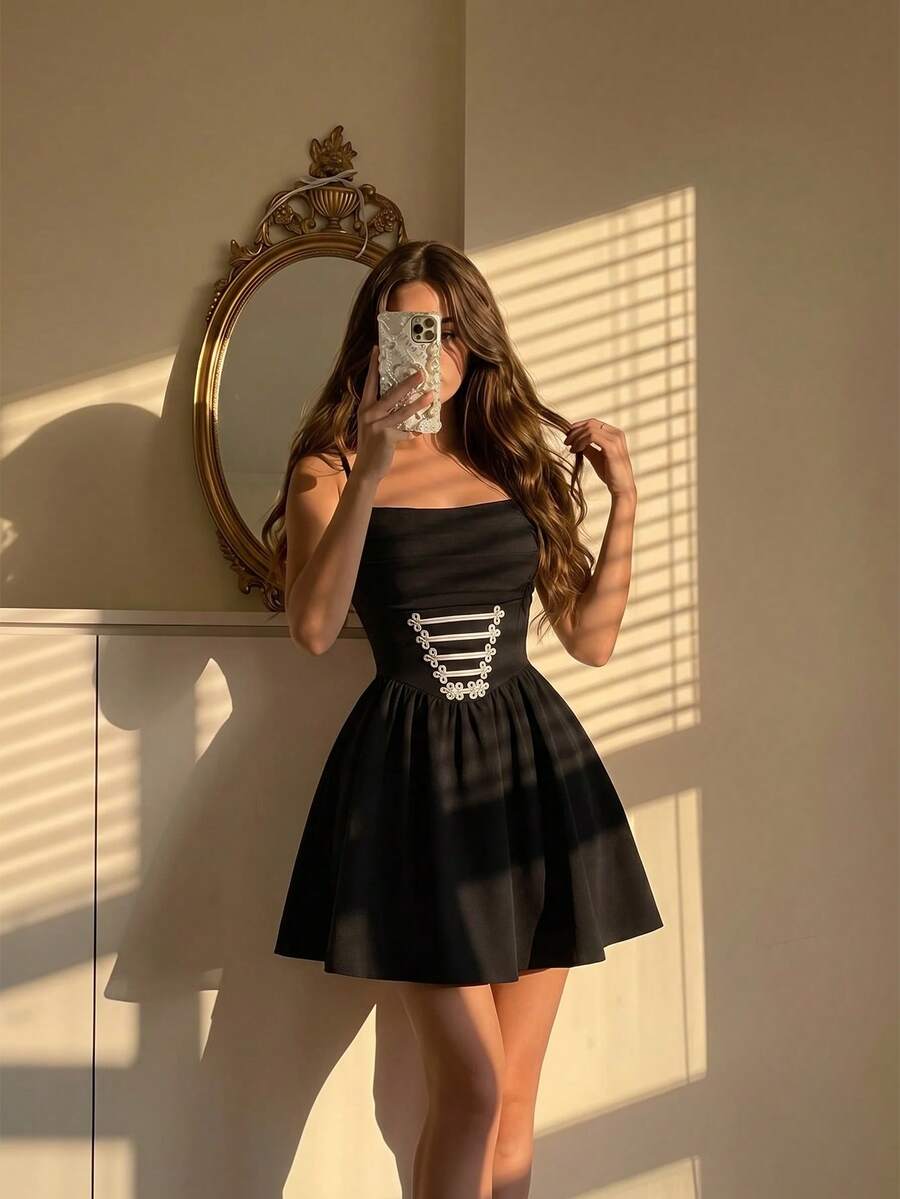 SHEIN MOD 女款夏季優雅條紋印花細肩帶短洋裝 - 黑色 - 查看 1