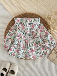 SHEIN 女嬰可愛花卉圖案保暖內裡連帽夾克，適合秋冬穿著 - 彩色 - 查看 2