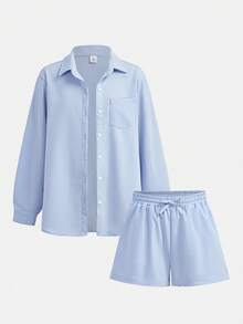 SHEIN Tween女孩休閒溫柔風淺藍色襯衫短褲兩件套 - 藍色 - 查看 6