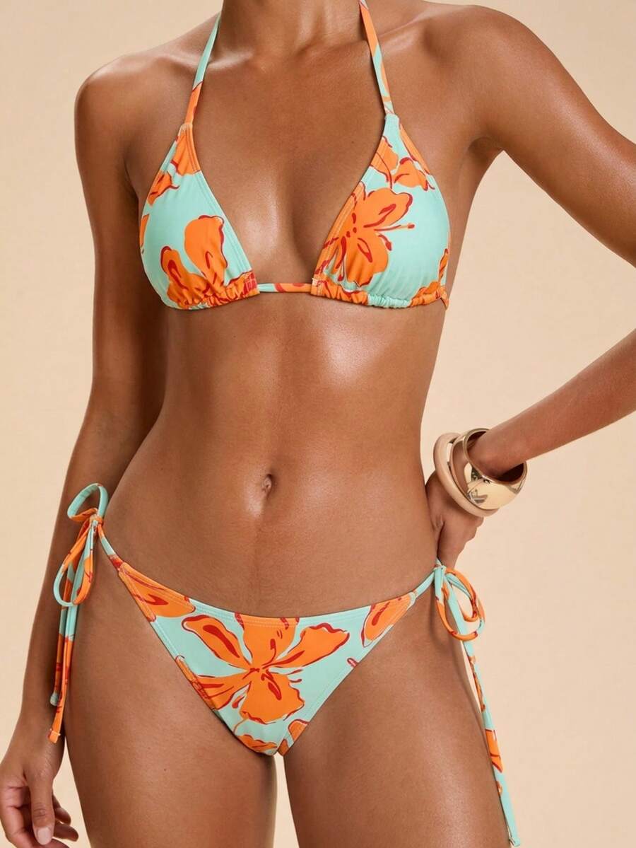 Travachic 女款夏季海灘花卉印花掛脖綁帶性感時尚比基尼兩件式泳衣套裝 - 彩色 - 查看 1