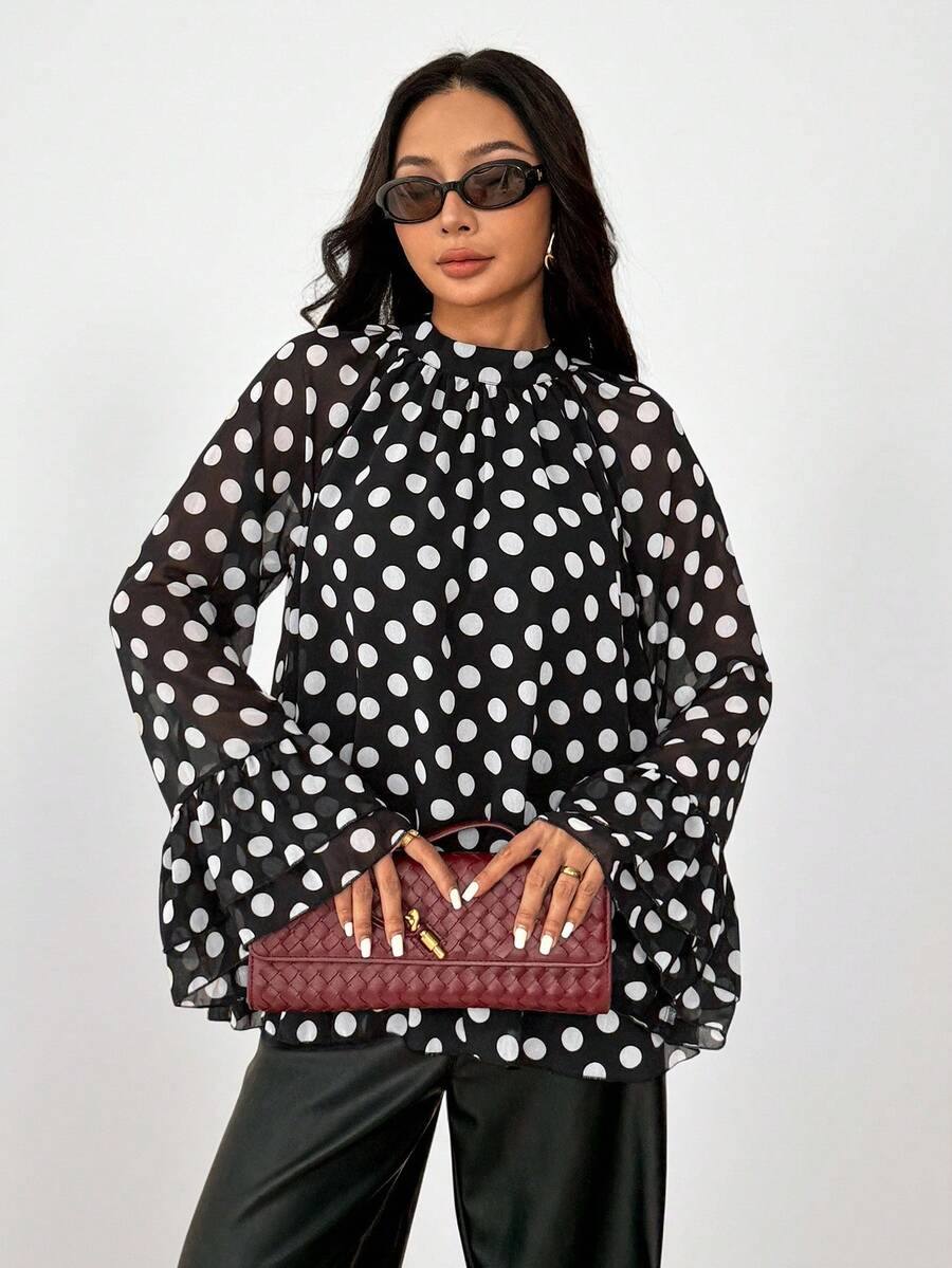 SHEIN PETITE Women's Black And White Polka Dot Blouse With Wide Ruffled Sleeves Lace Details - Elegant Retro Long Sleeve Top For Autumn Business Casual Wear Office - Black and White - View 1