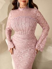 Coutiva Plus Size Women's Elegant Ruched Waist Stand Collar Evening Dress - Pink - View 8
